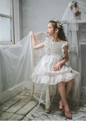 Ivory Chiffon Pleated Boho Flower Girl Dress
